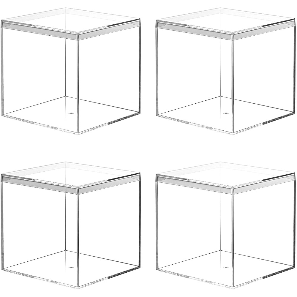 Kamehame Acrylic Boxes for Display 4 Pack Clear Plastic Square Cube 3.9x3.9x3.9Inch 100x100x100mm Small Acrylic Box with Lid Candy Pill and Tiny Jewelry Storage Boxes Organize Containers - B35MTODHP