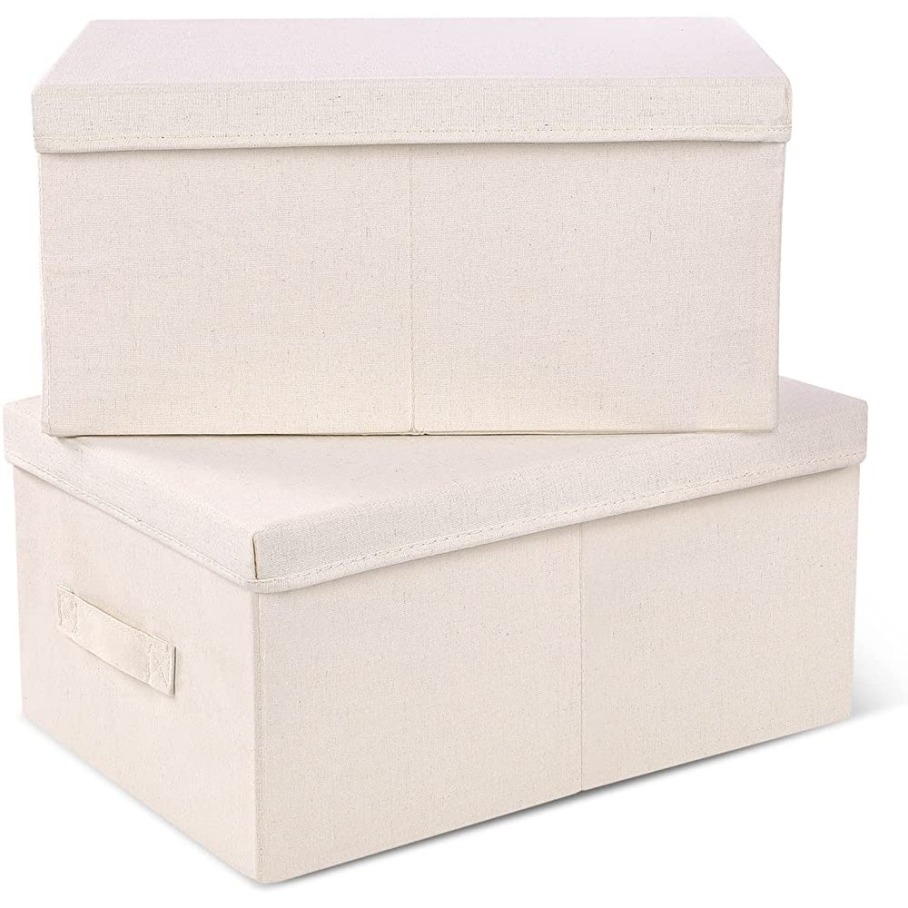 Large Storage Bins with Lids Vailando Decorative Storage Boxes Fabric Cotton Linen Collapsible Basket for Bedroom Closet Shelves Office Nursery Beige 2 Pack - BUYQ5W15J
