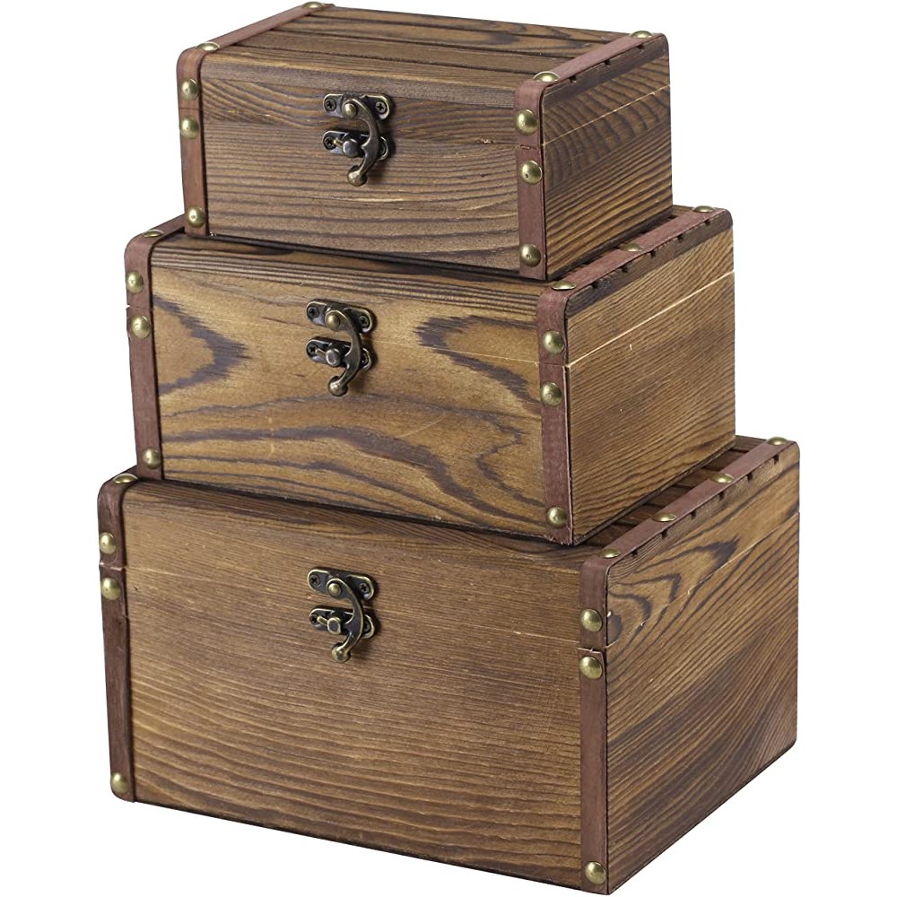 MyGift Set of 3 Rustic Brown Wood Decorative Nesting Storage Boxes Jewelry and Trinket Wooden Chests with Latch - BYYTH5A4T