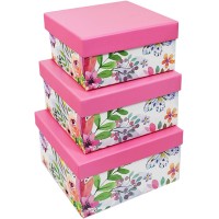 Set of 3 Pastel Pink Decorative Floral Boxes Nesting Boxes for Gifts and Decoration! Beautiful Watercolor Painted Designs Largest Box Measures 6"x6"x3.125" Pink Pastel 3 - BGSI80MH0