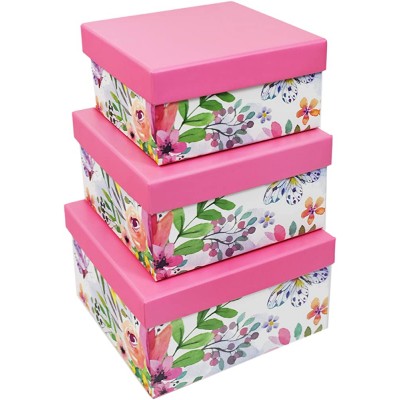 Set of 3 Pastel Pink Decorative Floral Boxes Nesting Boxes for Gifts and Decoration! Beautiful Watercolor Painted Designs Largest Box Measures 6"x6"x3.125" Pink Pastel 3 - BGSI80MH0