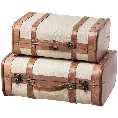 SLPR Decorative Wooden Storage Chest Set of 2 | Wood Trunk Suitcase with Straps Beige | Antique Nesting Trunks - BIMTYFOQI