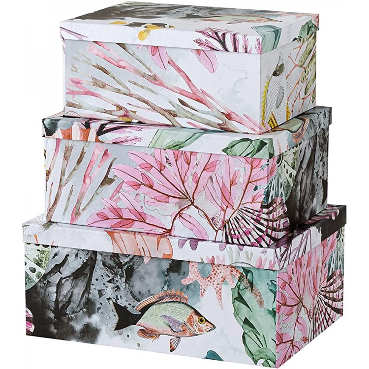 Soul & Lane Decorative Storage Cardboard Boxes with Lids for Home Décor| Ocean Treasures Set of 3 | Modern Paperboard Nesting Boxes for Arrangements - BU3EQ0HRO