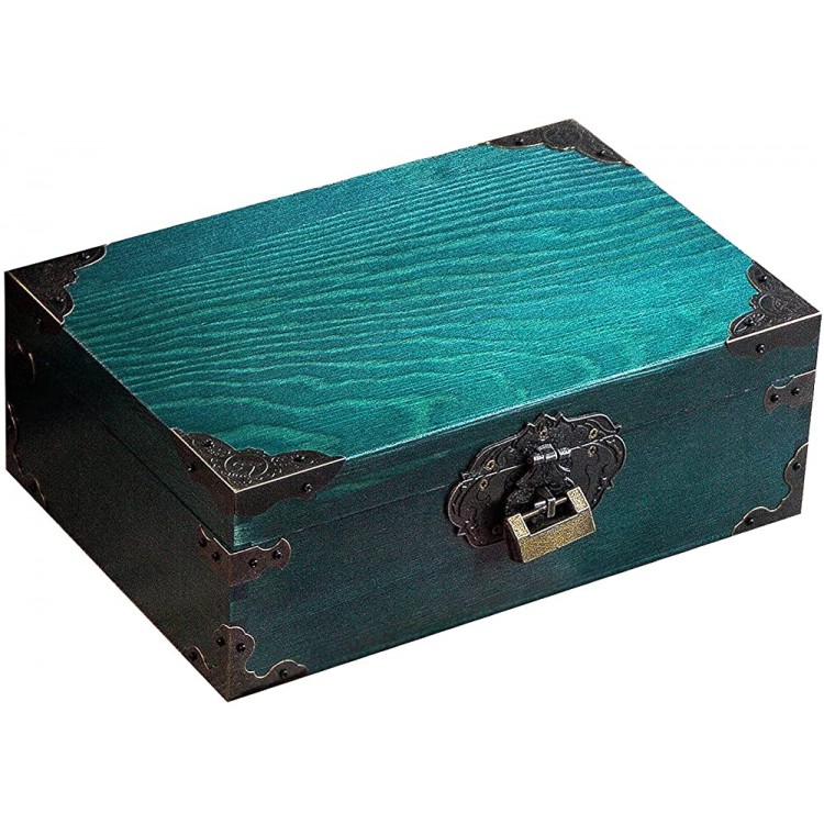 Wooden Keepsake Box Decorative Wooden Box Vintage Handmade Wood Craft Box with Locks and Keys for Jewelry Gift Storage Box and Home Decor （Peacock blue-stained） Blank no picture - B25N7WPXC