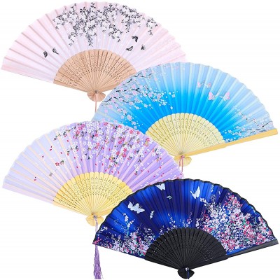Aneco 4 Pieces Folding Fans Bamboo Handheld Fans Silk Fabric Fans Hand Holding Fans for Wedding Party Gifts Wall Decoration - BB9IURTX6