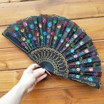 ccHuDE 2 Pcs Colorful Flower Peacock Sequin Embroidered Folding Fan Handheld Hand Fan Hand Crafted for Wedding Dancing - BJU9O43WV