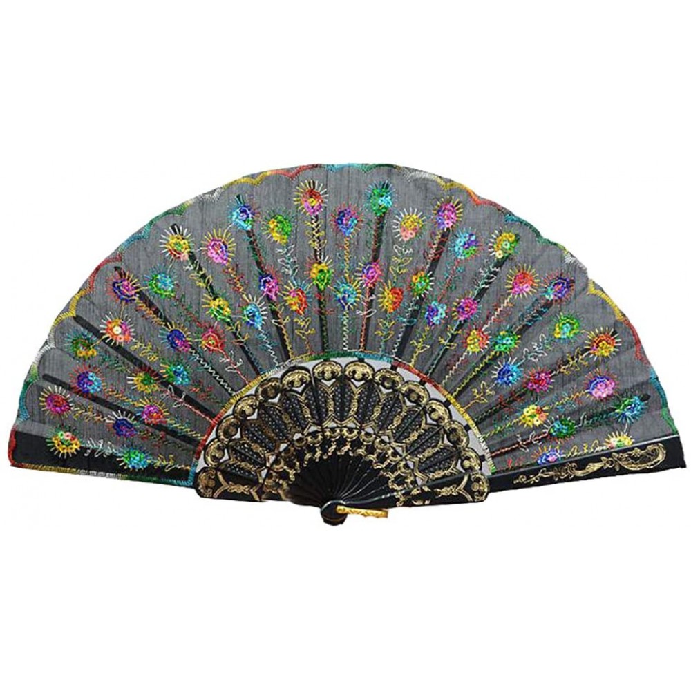 ccHuDE 2 Pcs Colorful Flower Peacock Sequin Embroidered Folding Fan Handheld Hand Fan Hand Crafted for Wedding Dancing - BJU9O43WV