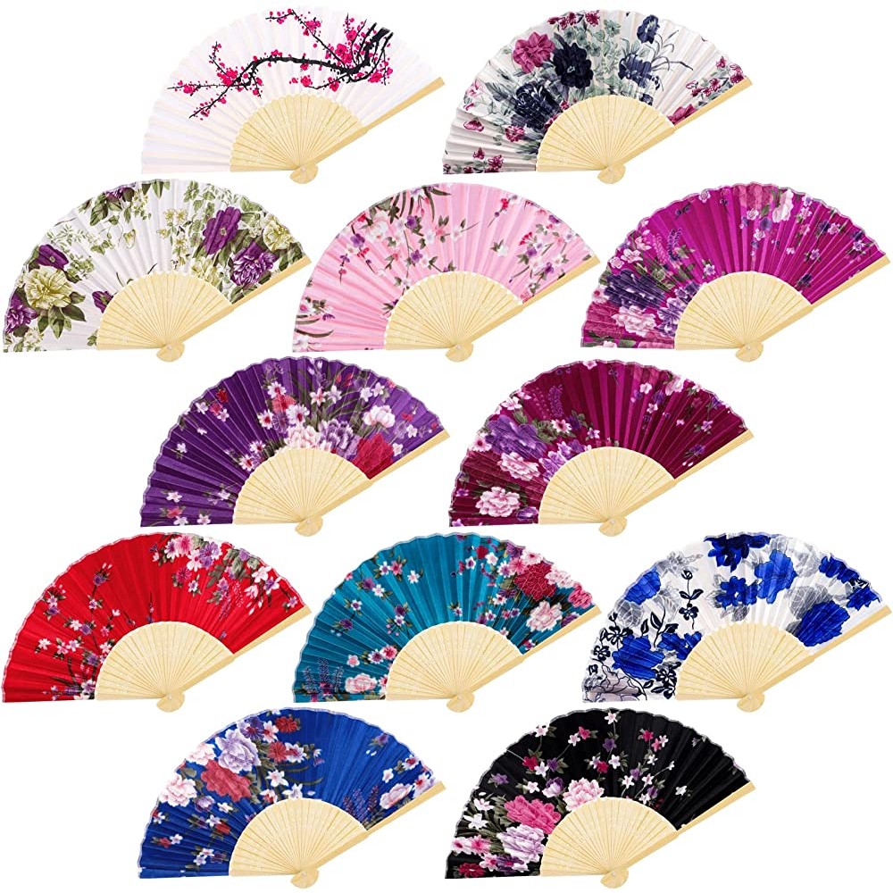 durony 12 Pieces Floral Folding Fans Silk Bamboo Handheld Fans Vintage Handheld Fan Flower Patterns Fabric Fans for Wedding Gifts Dancing Party Favors Multicolor - BXBMKDLJJ