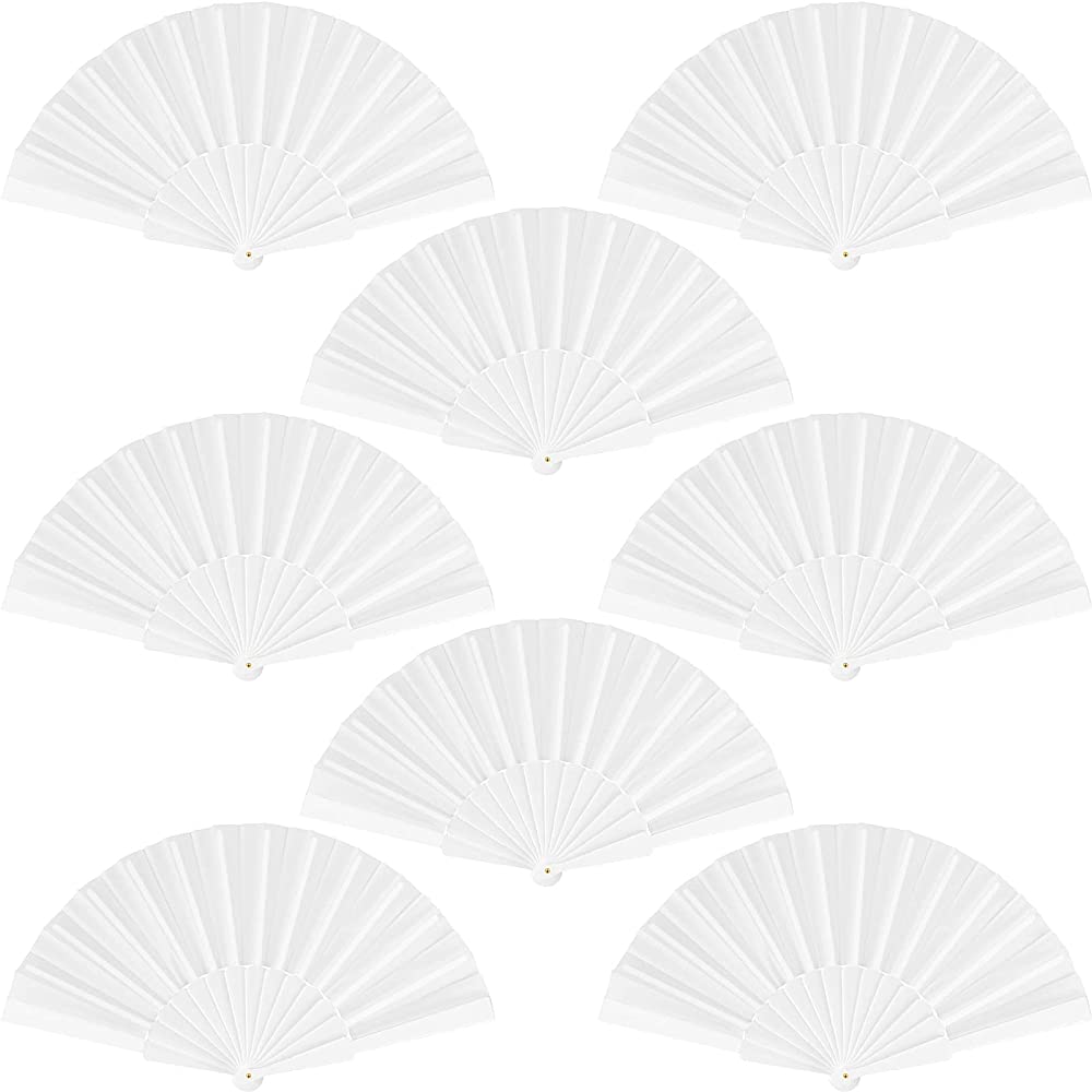 durony 8 Pieces Handheld Folding Fan Nylon Cloth Chinese Fans with Plastic Handle Decorative Folding Fans for Party Wedding Gifts Home Decoration White - BWL2TVQJL