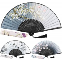EAONE 3 Pcs Hand Folding Fan Abanicos de Mano Chinese Vintage Style Handheld Fan with Fabric Sleeve Silk Fan with Bamboo Frame and Elegant Tassel for Party Wedding Dancing Decoration - B3DG2IA30