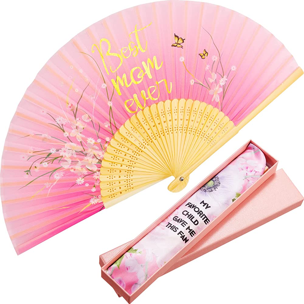 Hand Held Folding Fans Mother's Day Hand Fans for Women Best Mom Ever Foldable Bamboo Chinese Fan Pink Japanese Style Asian Silk Fans with Fabric Sleeve for Wedding Dance Music Festival 8.3 Inch - BTK78MZYY