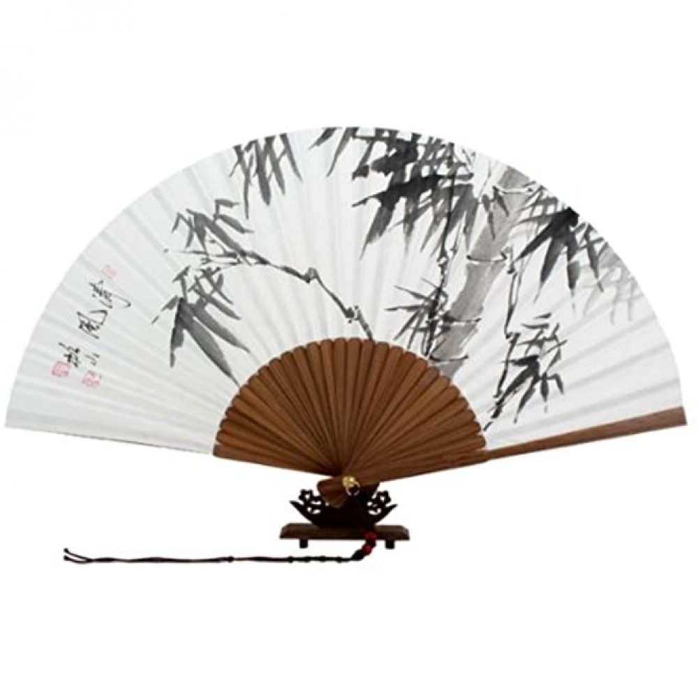 Hand Painted Folding Black Chinese Ink Bamboo Painting Korean Mulberry Rice White Paper Art Handheld Decorative Fan - BUTEGZT5Y