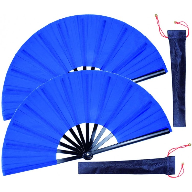 HONSHEN 2 Pack Large Folding Hand Fan Blue Chinese Kung Fu Tai Chi Fan Nylon-Cloth Fan for Men and Women Performance Dance Decorations Festival Gift Folding Fan Blue 2p+Bag - B1R41B10U