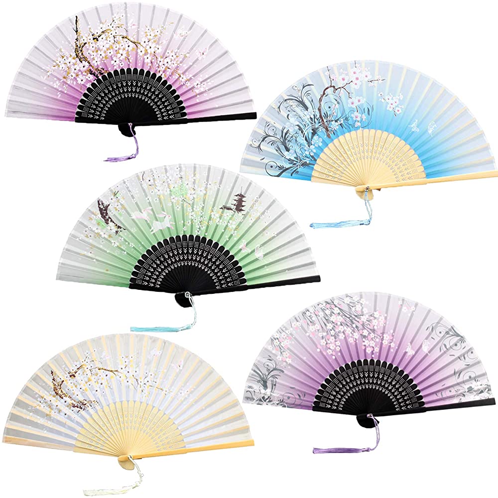Hub's Gadget 5 Piece Chinese Style Floral Folding Hand Fan Vintage Handheld Silk Folding Fan with Different Patterns Folding Fans for Women Wedding Dancing Party Color Random - B9JXTP36G