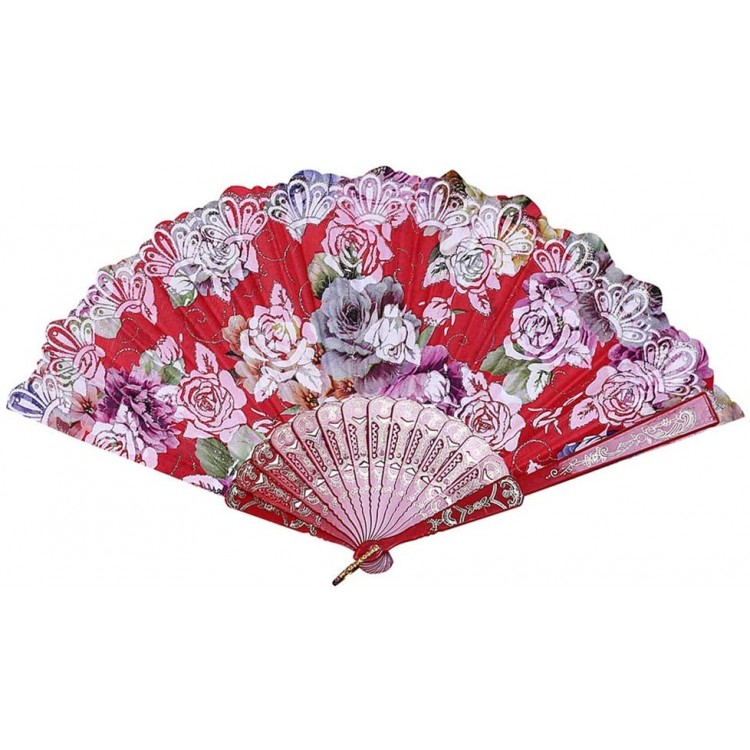 iCODOD Vintage Chinese Style Fold Fan Rose Bronzing Fan Silk Wedding Party Lace Folding Hand Held Fan Craft Dance Fan Flower Performance Retro Decorative Red - BVLMG3I13