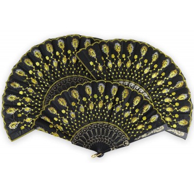 Just Artifacts 9-Inch Black w Decorative Sequin Embroidery Folding Silk Hand Fans Set of 5 Yellow - BJX8ZPP1S