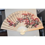 Large 60 X 35 Tannish Gold Color Fan with Red & Fuchsia Cherry Blossom Flowers on a Branch Hand Painted Oriental Hanging Wall Fan - BA2S5YCT2