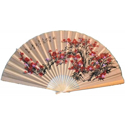 Large 60 X 35 Tannish Gold Color Fan with Red & Fuchsia Cherry Blossom Flowers on a Branch Hand Painted Oriental Hanging Wall Fan - BA2S5YCT2
