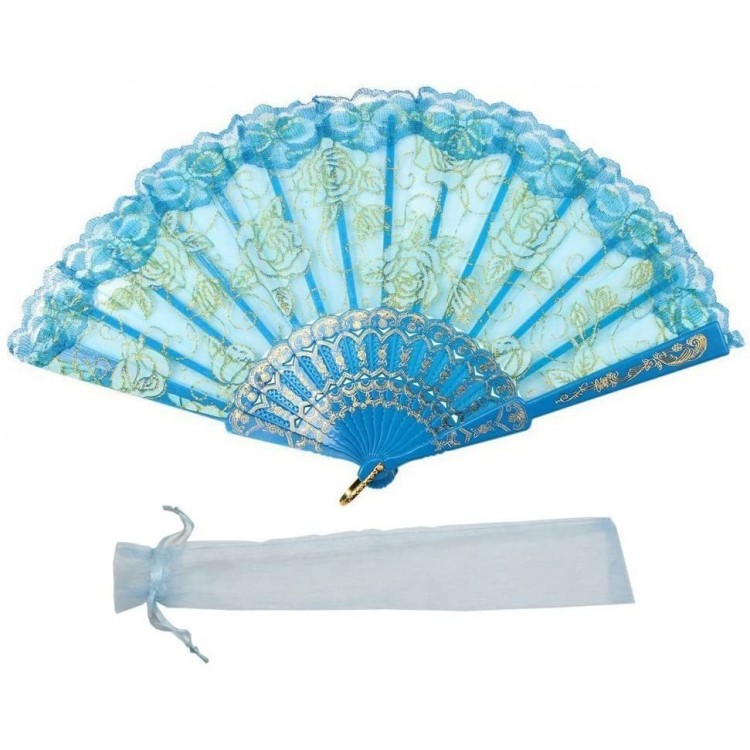 Newstarfactory Lace Flowers Design Plastic Folding Hand Held Fan Blue - BGD1V4G6C