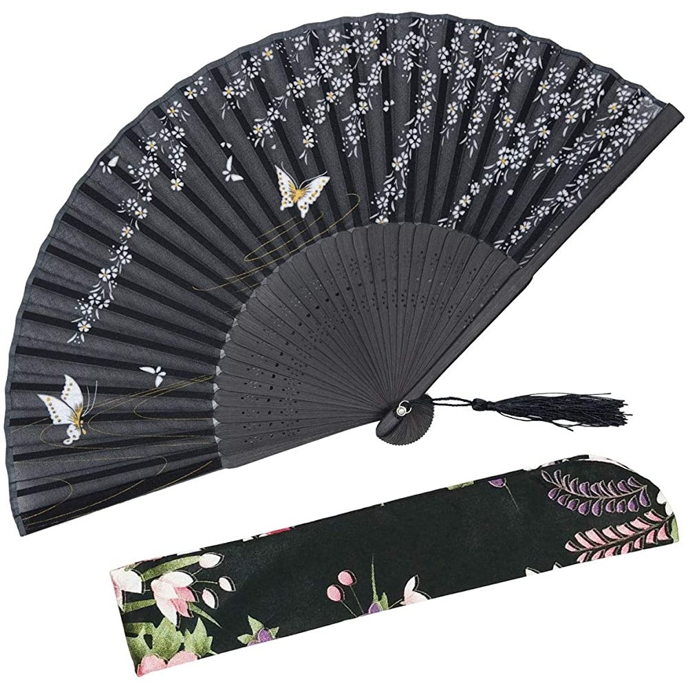 OMyTea 8.2721cm Women Hand Held Silk Folding Fans with Bamboo Frame with a Fabric Sleeve for Protection for Gifts Chinese Japanese Style Butterflies and Willow Pattern WZS-35 - BELBMN4JF