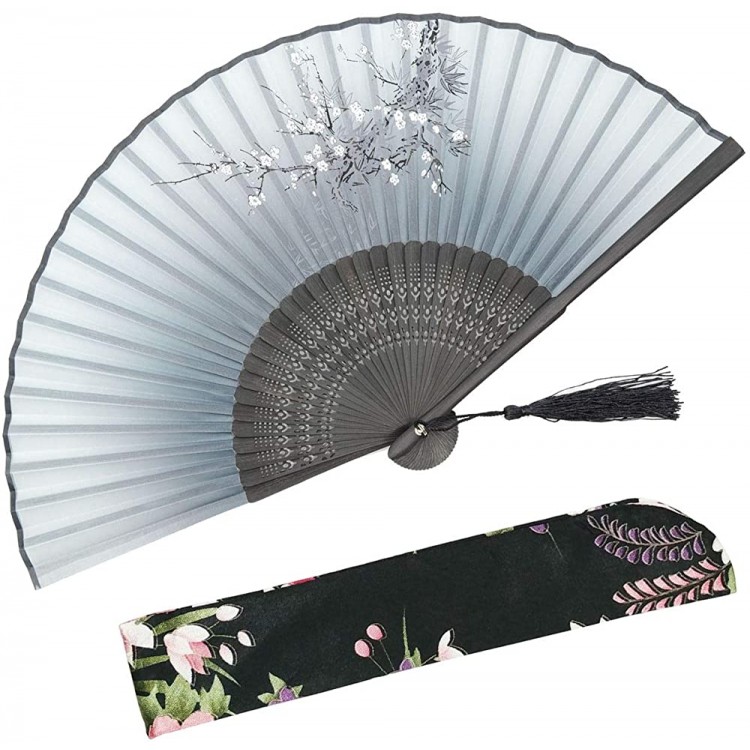 OMyTea Cold Plum 8.2721cm Women Hand Held Folding Fans with Bamboo Frame with a Fabric Sleeve for Protection for Gifts Chinese Japanese Vintage Retro Style WDJ-01-Gray - BCNW8IJYC