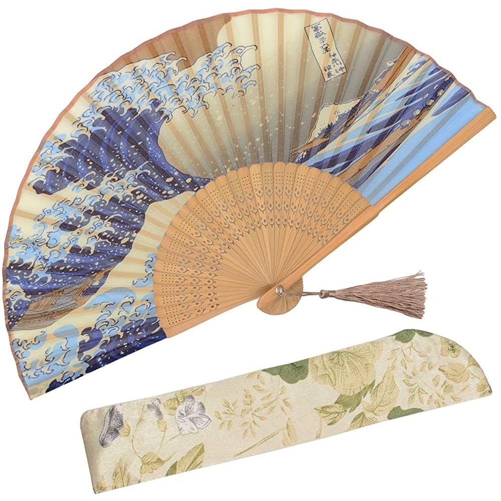 OMyTea Landscape 8.2721cm Folding Hand Held Fan with a Fabric Sleeve for Protection for Gifts Japanese Vintage Retro Style Kanagawa Sea Waves - BUROKZXB6