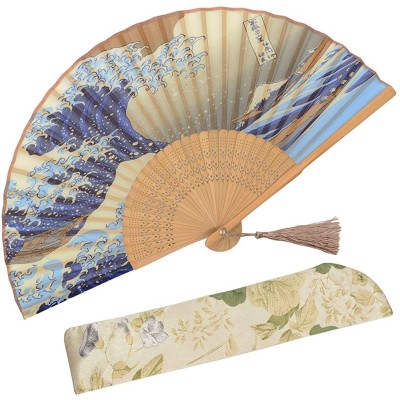 OMyTea Landscape 8.27"21cm Folding Hand Held Fan with a Fabric Sleeve for Protection for Gifts Japanese Vintage Retro Style Kanagawa Sea Waves - B626UOKKE