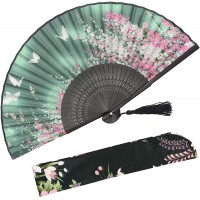 OMyTea Women Hand Held Silk Folding Fan with Bamboo Frame with a Fabric Sleeve for Protection for Gifts Sakura Cherry Blossom Pattern WZS-2 - BFOCFFYFK