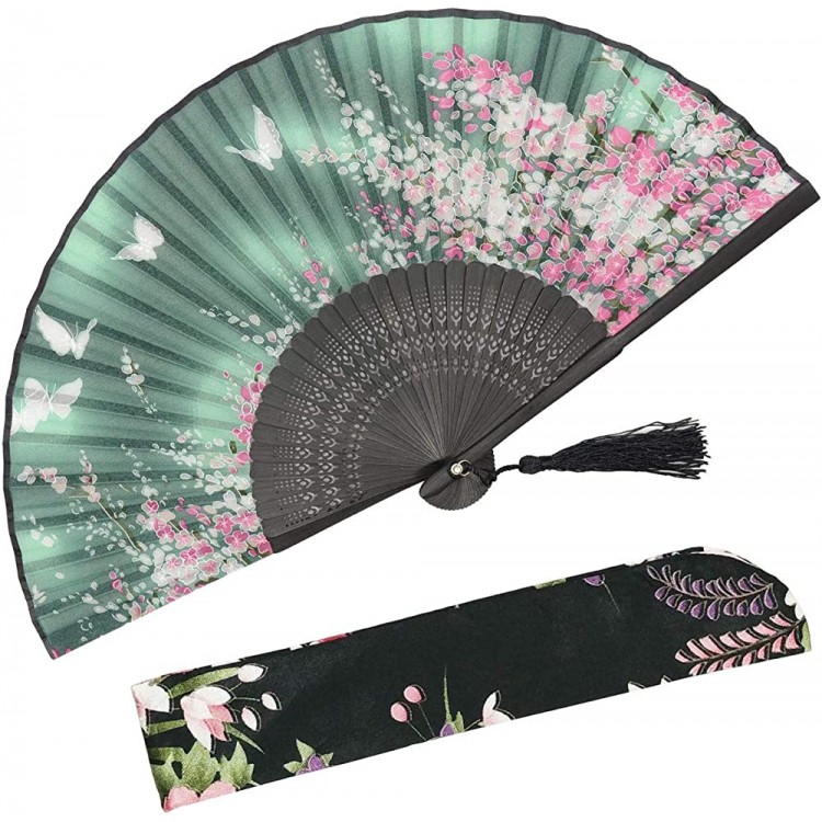 OMyTea Women Hand Held Silk Folding Fan with Bamboo Frame with a Fabric Sleeve for Protection for Gifts Sakura Cherry Blossom Pattern WZS-2 - BFOCFFYFK