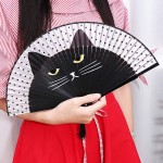 OULII Women Cartoon Cat Folding Silk Fan Handheld Fan Black - B3MZWNVZM