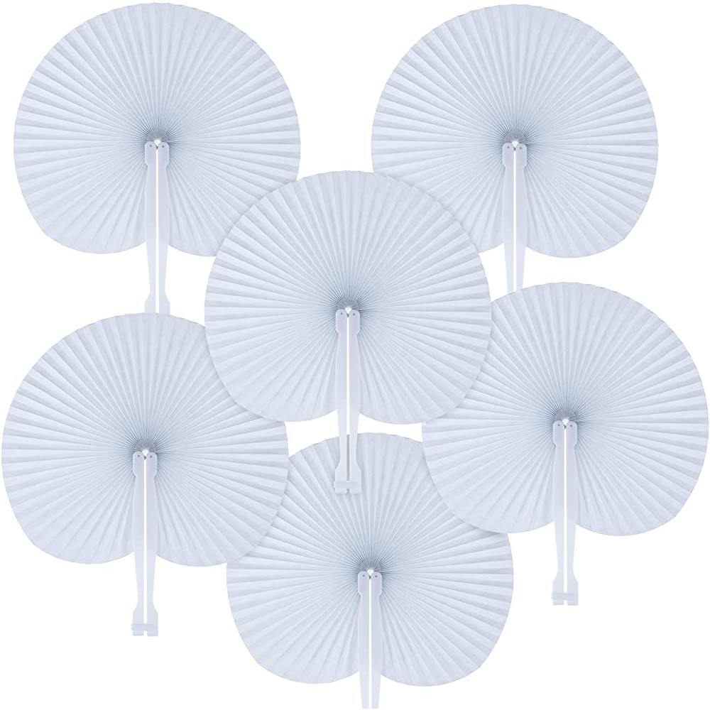 Pangda 24 Pack Folding Fans Round Paper Fans Assortment with Plastic Handle for Wedding Favor Party Bag Filler White - B6MODQWCK