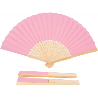 Sepwedd 50pcs Pink Paper Hand Fan White Bamboo Folding Fan Handheld Fans Paper Folded Fan for Wedding Party and Home Decoration - BSZYLQMME
