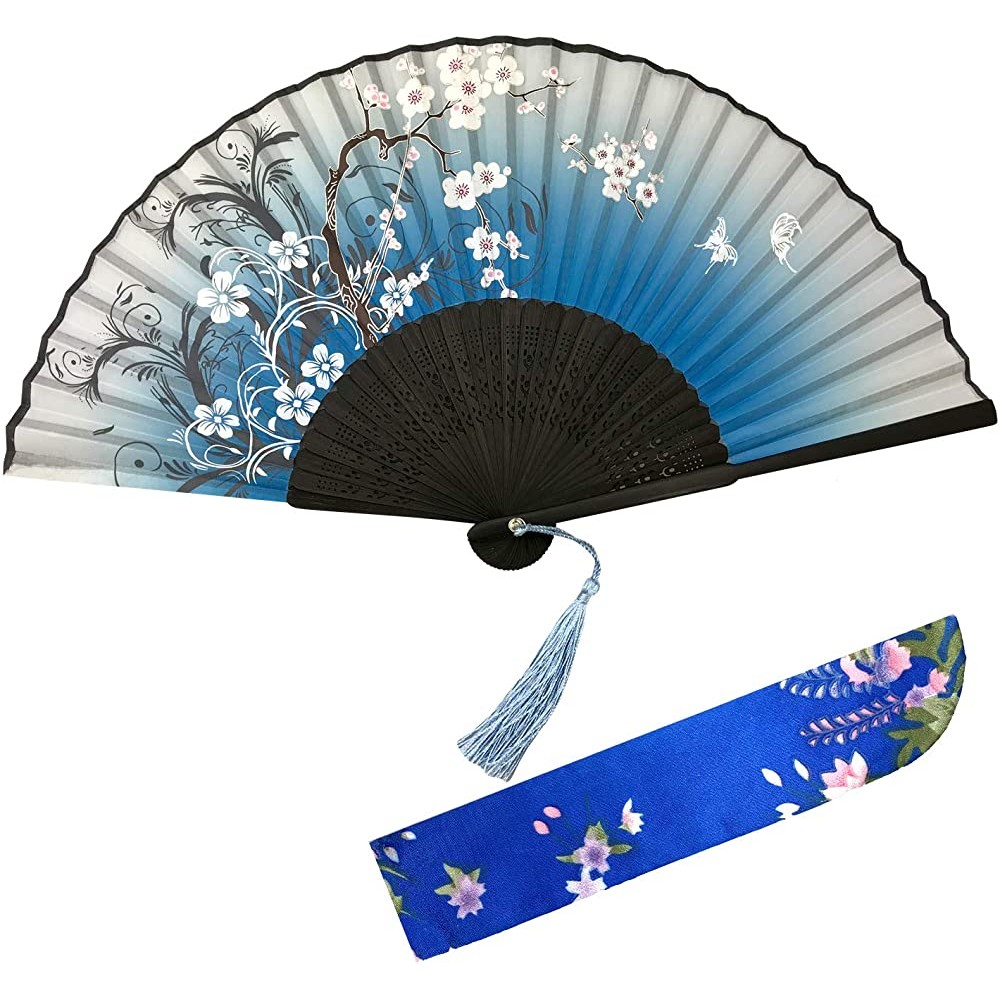 SPG Hand Folding Fan Elegant Modern Held Fan Dance Fan with Bamboo Frame Hand-Crafted Japanese Chinese Vintage Style for Women Blue - BNCY7BFV9