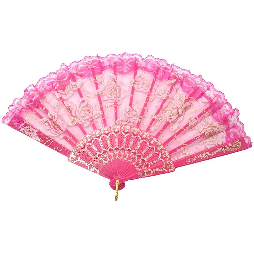 TRENDBOX Flower Rose Lace Handheld Chinese Folding Fan for Dancing Ball Parties Ladies Hot Pink - BM9WUPIA1