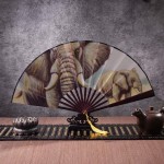 Wuhufy Hand Fan Craft Nature Cute Oil Painting Gray Elephant with Bamboo Frame Tassel Pendant and Cloth Bag Hand Fan for Wedding Folding Fan Durable Vintage Hand Fan - B9VS51HD0