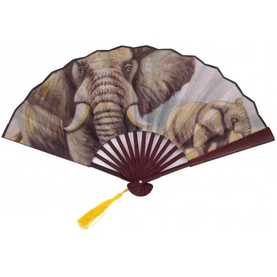 Wuhufy Hand Fan Craft Nature Cute Oil Painting Gray Elephant with Bamboo Frame Tassel Pendant and Cloth Bag Hand Fan for Wedding Folding Fan Durable Vintage Hand Fan - B9VS51HD0