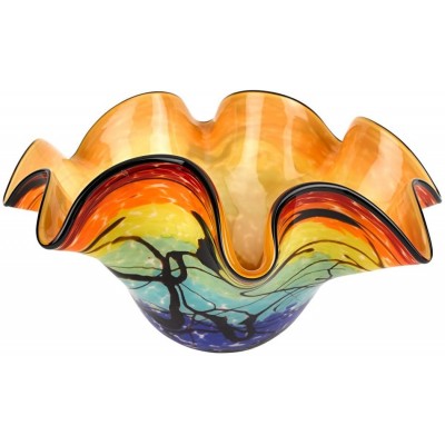 Badash Allura Murano-Style Art Glass Decorative Bowl 15" Mouth-Blown Glass Wavy Centerpiece Bowl Home Decor Accent - BS6KZACBR