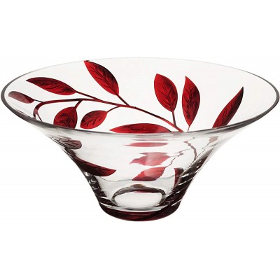 Decorative Glass Bowl Fruit Display Etched & Hand Painted Leaves Decor Mouth Blown Glass Salad Serving Bowl D: 10.2 in 26 cm Red - BT2NJH4UD