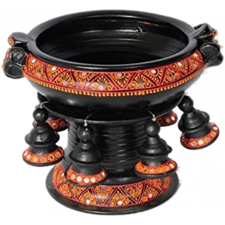 Shabana Art Potteries Handmade Terracotta Decorative Flower Pot Uruli Urli With Stand Black Dia 8.5 inch - BMM59NXAQ