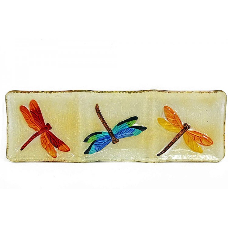 WELLAND Hand Painted Glass Plate with 3 Sections Decorative Plate for Kitchen Living Room Dragonfly Pattern - B5GC83UKE