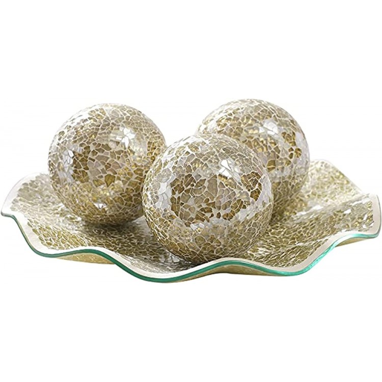 WHOLE HOUSEWARES | 11.5 Glass Mosaic Decorative Tray | Home Décor Centerpiece | Bowl with 3-Piece 3.75 Mosaic Decorative Balls Gold - BYKY3CY8F