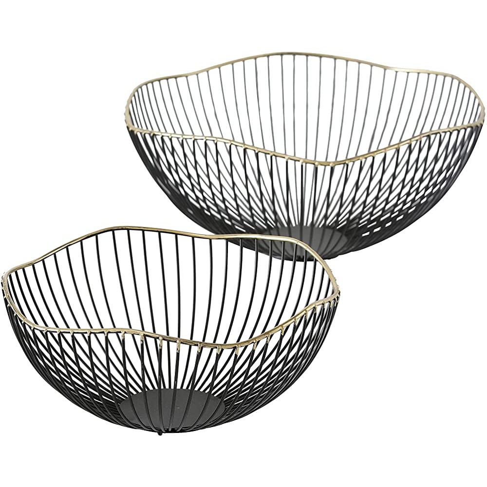 WHW Whole House Worlds Modernist Centerpiece Bowls Set of 2 Decorative Spoke Details Black with Gold Gilt Rim Flat Bottom 11.75 Diameter x 5.5 Tall Inches and 9.5 D x 4.75 Tall Inches - BD0ZOKT0D