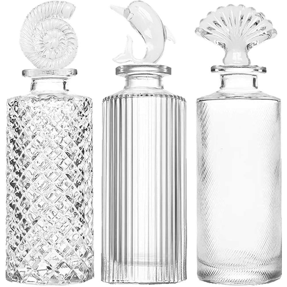 Clear Vintage Glass Bottles with Stopper Set of 3 Embossed Glass Bottles Reed Diffuser Sets Apothecary Flower Bud Vases SC036 - BEE3VLG08