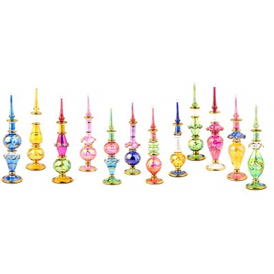 Egyptian Mouth Blown Glass Miniature Perfume Bottles Set of 12 Size 4" Gold decorative genie bottle wholesale handmade assorted color potion bottle for Arabian nights essential& perfume oil bottle by Egyptian Hand Blown Glass - B4HW81B59