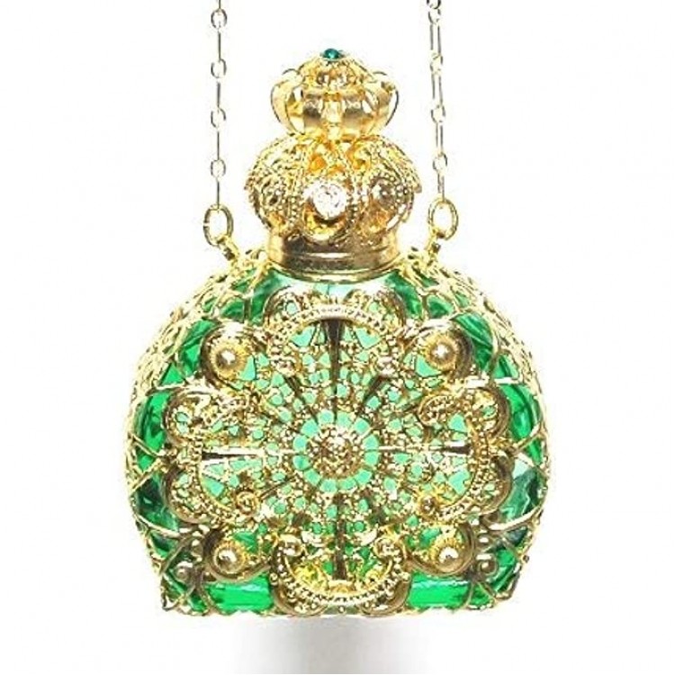 Gabriella's Gifts Czech Jeweled Decorative Green Perfume Oil Bottle Holder Necklace Pendant - BP2YNYCB9