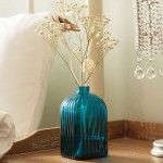 MyGift Art Deco Blue Ribbed Glass Reed Diffuser Bottle Small Decorative Bottles Flower Bud Vase with Textured Pattern Set of 2 - B2D7140VL