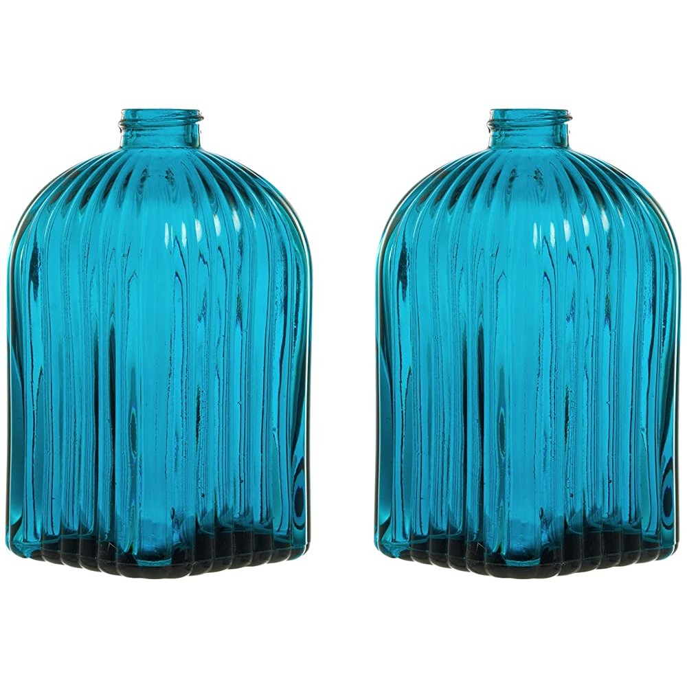 MyGift Art Deco Blue Ribbed Glass Reed Diffuser Bottle Small Decorative Bottles Flower Bud Vase with Textured Pattern Set of 2 - B2D7140VL