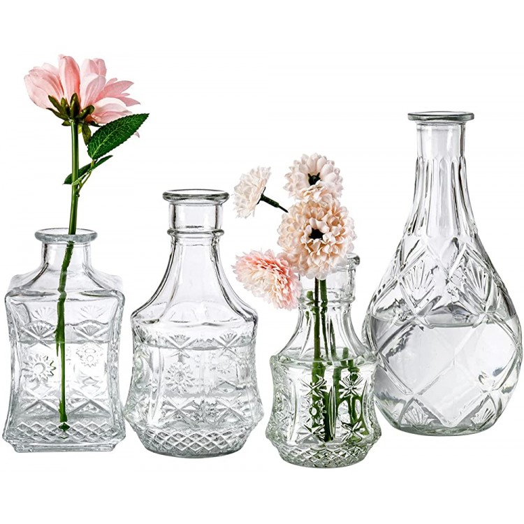 MyGift Set of 4 Assorted Decorative Glass Bottles Flower Bud Vase Essential Oil Diffuser Bottles with Vintage Embossed Pattern Design - BE3XWWJLU