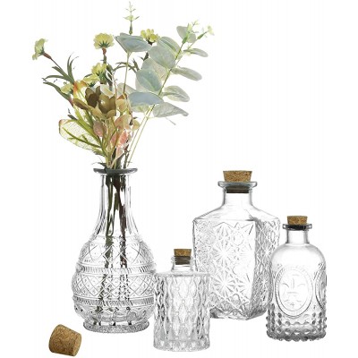 MyGift Small Clear Glass Reed Diffuser Bottles Vintage Embossed Apothecary Style Flower Bud Vases with Cork Lids Assorted Design and Sizes Set of 4 - B09ZSNC2X