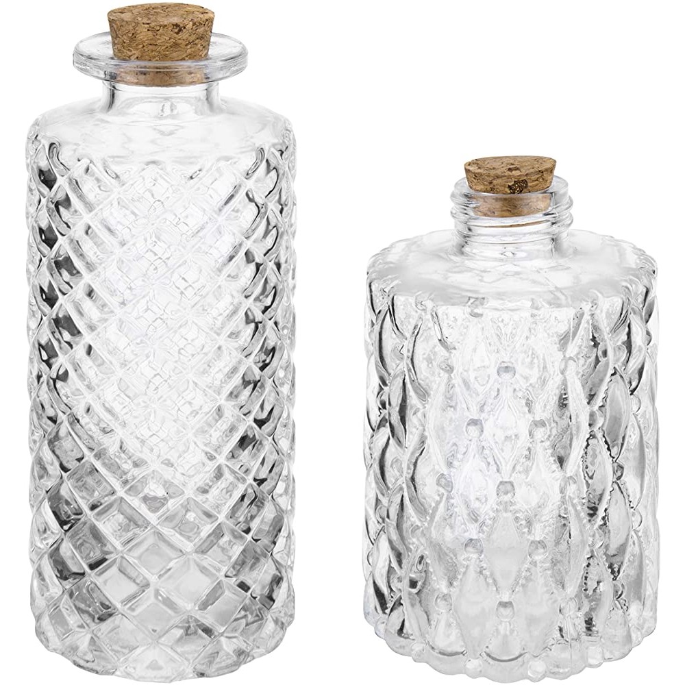 MyGift Vintage Embossed Reed Diffuser Bottles Decorative Clear Glass Bottles with Cork Lid Set of 2 - BKP2P530R